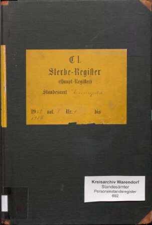 Sterberegister des Standesamtes Ennigerloh von 1912 (Urkunden-Nr. 1-66) und von 1913 (Urkunden-Nr. 1-91)