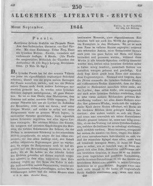 Tasso, T.: Auserlesene lyrische Gedichte. Mit einer Einleitung "Ueber Torquato Tasso als lyrischen Dichter". Übers. v. K. Förster. Leipzig: Brockhaus 1844