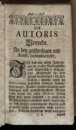 Deß Autoris Vorrede. An den guthertzigen und Kunst-Liebenden Leser.