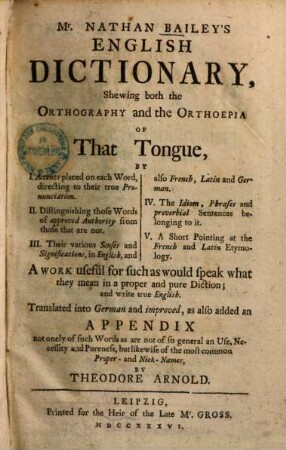 English Dictionary : shewing both the orthography and the orthoepia of that tongue ... = Englisches Wörterbuch ...