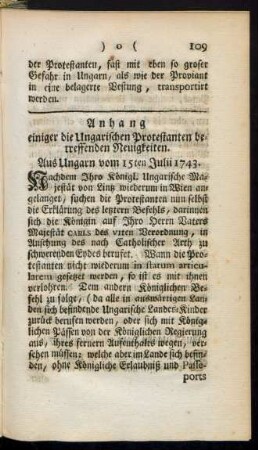 Anhang einiger die Ungarischen Protestanten betreffenden Neuigkeiten.