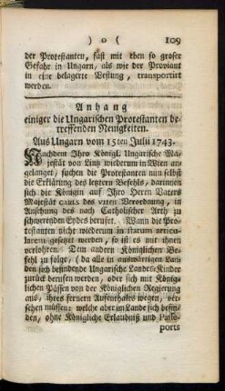 Anhang einiger die Ungarischen Protestanten betreffenden Neuigkeiten.