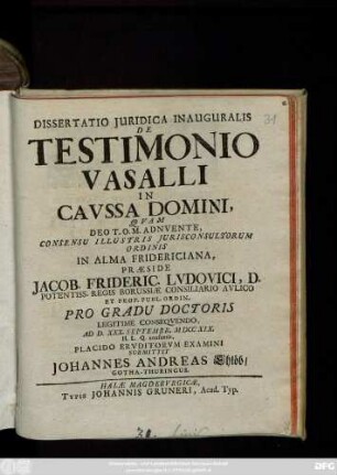 Dissertatio Juridica Inauguralis De Testimonio Vasalli In Cavssa Domini