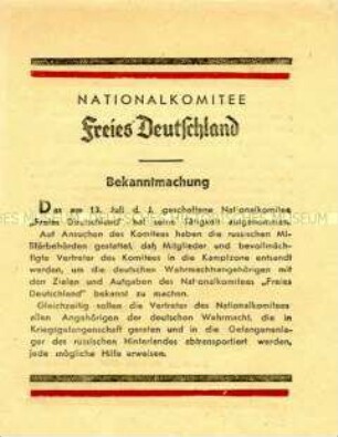 Handzettel mit der Bekanntmachung des NKFD über die Aufnahme seiner Tätigkeit und der Ernennung eines Bevollmächtigten für den Frontabschnitt