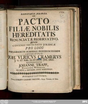 Disputatio Juridica, De Pacto Filiæ Nobilis Hereditatis Renunciatæ Reservativo