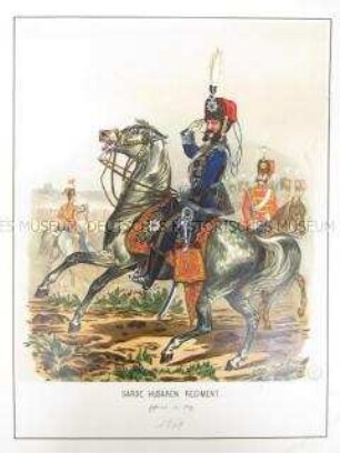 Uniformdarstellung, Offizier des Garde-Husaren-Regiments zu Pferd, Preußen, 1864. Tafel 50 aus: Schindler: Militair-Album.