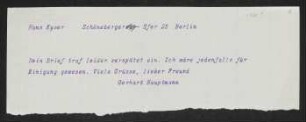 Brief von Gerhart Hauptmann an Hans Kyser