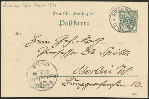 Postkarte an Philipp Spitta : 10.12.1891