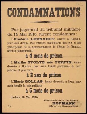 "Condamnations" (Verurteilung Einheimischer durch das Militärgericht) (No. 97)