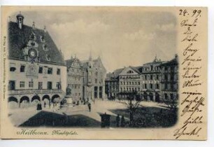 Marktplatz mit Rathaus, Robert-Mayer-Denkmal und Marktplatz 9, 10, 11 (Hotel Falken) und 12 (Zehender)