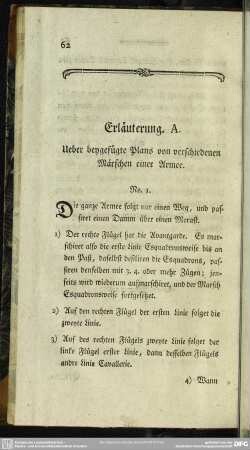Erläuterung. A. Ueber beygefügte Plans von verschiedenen Märschen einer Armee