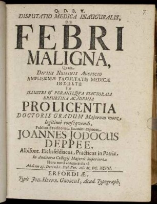 Disputatio Medica Inauguralis, De Febri Maligna
