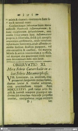 Observatio XI. Mira Febris Catarrhalis in alias Febris Metamorphosis