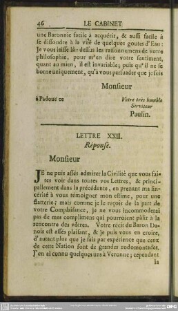 Lettre XXII. Response