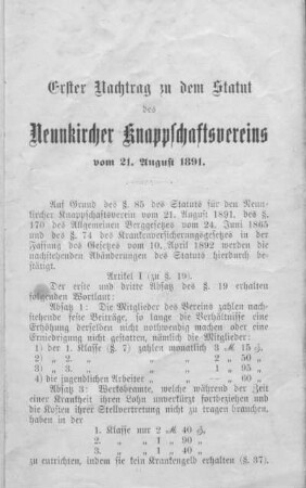 Erster Nachtrag zu dem Statut des Neunkircher Knappschaftsvereins vom 21. August 1891.