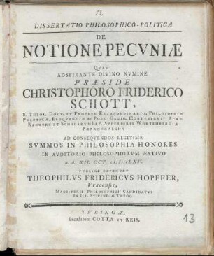 Dissertatio Philosophico-Politica: De Notione Pecvniæ
