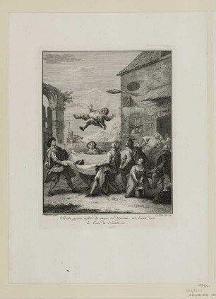 Sancho ayant refusé de payer sa dépense, est berné dans la cour de l’hôtellerie, aus: Charles Coypel, Miguel de Cervantes, "Les principales avantures de l’admirable Don Quichotte", 1746
