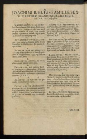 Joachimi II. Huius Familiae Sexti Electoris Brandenburgici Posteritas, ex Coniugibus