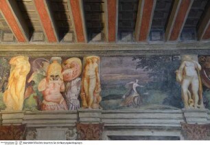 Freskendekoration mit Scheinarchitektur, fingierten Statuen, Figuren der Antike, Landschaften und mythologischen Szenen, Ceres Suche nach Proserpina