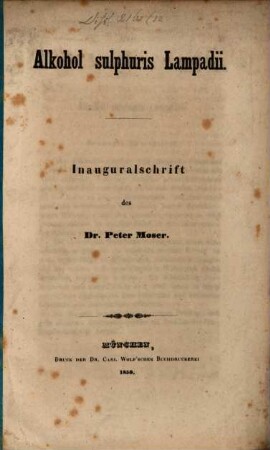 Alkohol sulphuris Lampadii : Inauguralschrift
