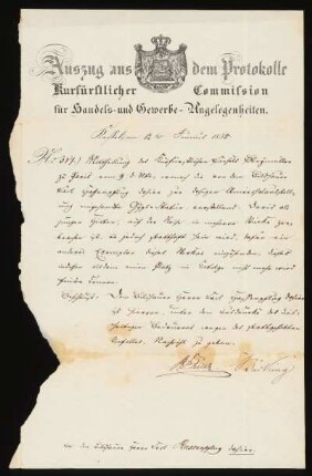 Brief von Hessen-Kassel / Kommission für Handels- und Gewerbe-Angelegenheiten an Karl Hassenpflug