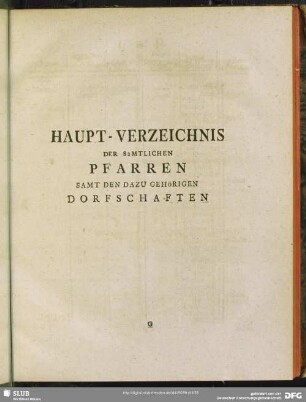 Haupt-Verzeichnis Der Sämtlichen Pfarren Samt den Dazu Gehörigen Dorfschaften