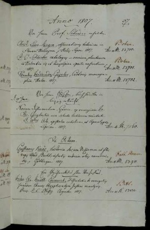 Von Herrn Prof. Schrader erhalten. - Von Herrn Göschen, Buchhändler in Leipzig erkauft. - Ein Geschenck des Hhrn Verfassers [Friedrich Carl Timotheus Emmerich].