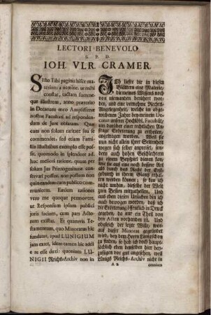 Lectori Benevolo S. P. D. Ioh. Ulr. Cramer.