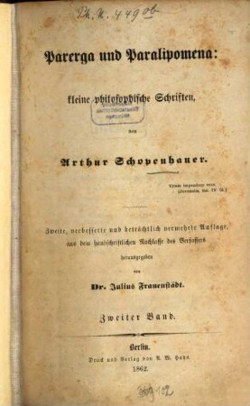 Parerga und Paralipomena : kleine philosophische Schriften, 2