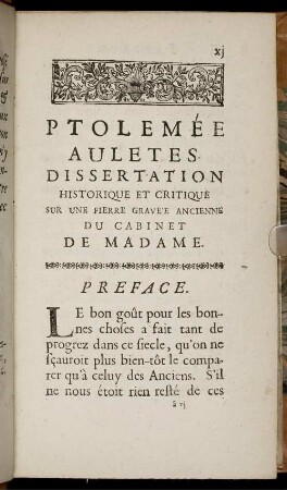 Ptolemée Auletes Dissertation Historique Et Critique Sur Une Pierre Gravée Ancienne Du Cabinet De Madame. Preface.