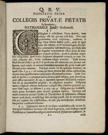 Disputatio Prima De Collegiis Privatæ Pietatis.