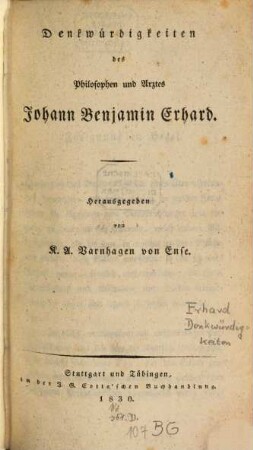 Denkwürdigkeiten des Philosophen und Arztes Johann Benjamin Erhard