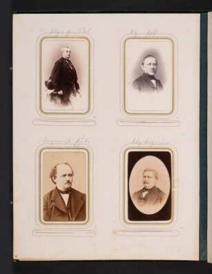 Albumseite 9 mit vier Cartes-de-visite (Porträts von Landtagsabgeordneten) unter Passepartout : Dem fünf und zwanzig Jahre hindurch treu bewährten und wohlverdienten Landtags-Abgeordneten Herrn Christian Gottlieb Riedel : gewidmet von seinen Collegen. Samteinband mit Metallbeschlägen und Metallschließe sowie Goldschnitt; 31 x 24,5 x 4 cm (1873). Dresden: SLUB/DF 2017.D.85