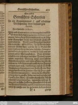 Ein ander Gemischtes Schreiben, An ein galantes Frauenzimmer, auff erhaltene Versicherung ihrer beständigen Amitié.