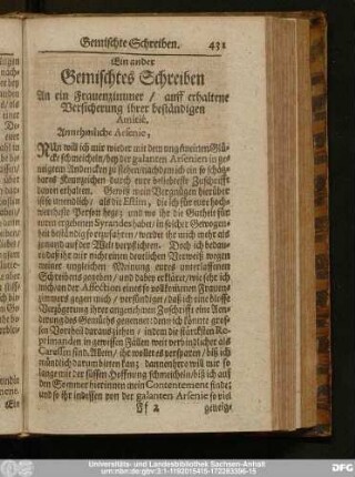 Ein ander Gemischtes Schreiben, An ein galantes Frauenzimmer, auff erhaltene Versicherung ihrer beständigen Amitié.