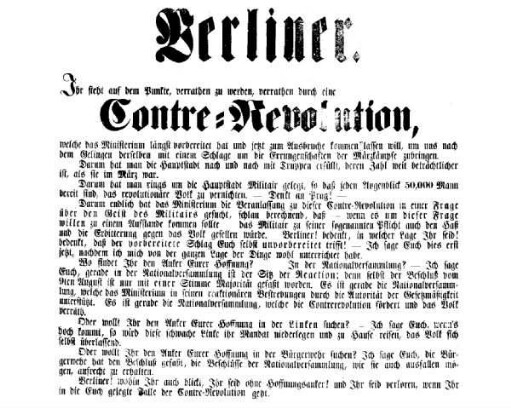 Berliner. Ihr steht auf dem Punkte, verrathen zu werden, verrathen durch eine Contre=Revolution, [...]
