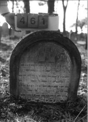 Grabstein 461 (Index: 100115559) Material: Sandstein Zustand: stark verwittert und im Boden eingesunken mit erheblichem Textverlust Maße HxBxT: 67x58x13 cm Beschreibung: Stele mit Rundbogenabschluß, eingetieftes Schriftfeld Symbolik: Cohanim-Hände: Grabstein 461