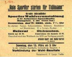 Handzettel mit Aufruf zu einer Wahlveranstaltung kommunistischer Sportler