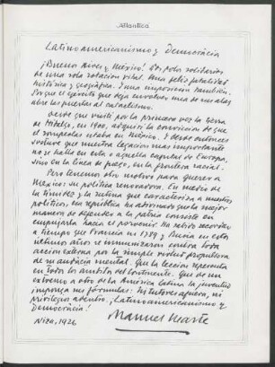 Latino-americano y democracia - [Autógrafo de Manuel Ugarte]
