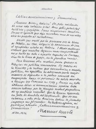 Latino-americano y democracia - [Autógrafo de Manuel Ugarte]