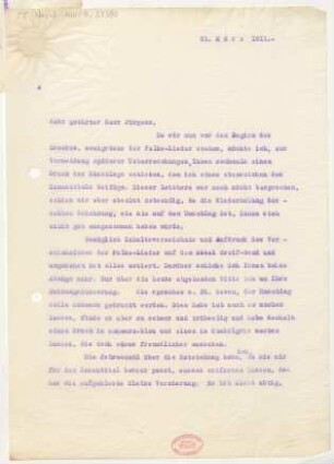 Brief an Fritz Jürgens : 21.03.1911
