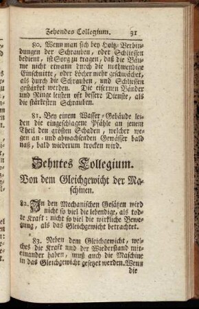Zehntes Collegium. Von dem Gleichgewicht der Maschinen.