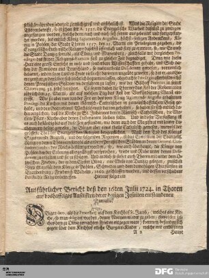 Ausführlicher Bericht deß den 16ten Julii 1724. in Thoren auf boshafftiges Anstifften derer dasigen Jesuiten entstandenen Tumults.