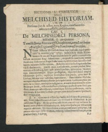 Membr. I. proponens Tum Historiae Nexum & Occasionem, tum Loci huius Analysin Logicam & tractandorum Synopsin.