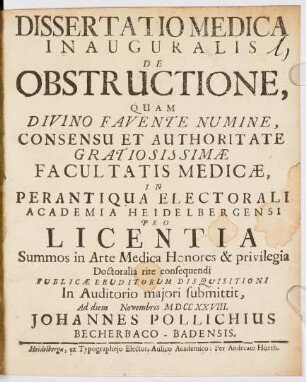 Dissertatio Medica Inauguralis De Obstructione