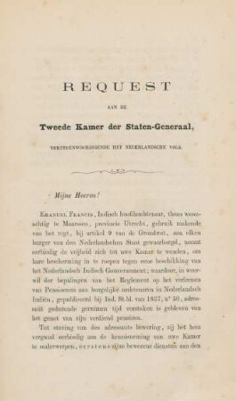 Request aan de Tweede Kamer der Staten-Generaal, vertegenwoordigende het Nederlandsche Volk