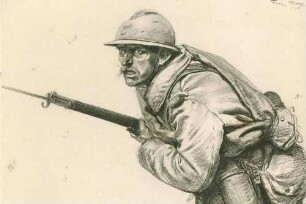 Französischer Soldat in Mantel und Helm in Angriffshaltung mit vorgerecktem Gewehr und Bajonett