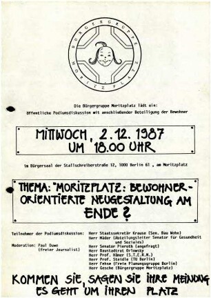 Einladungs-Plakat: Podiumsdiskussion "Moritzplatz: Bewohner-orientierte Neugestaltung am Ende?", 2.12.1987