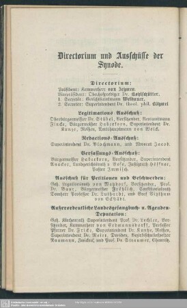 Directorium und Ausschüsse der Synode.