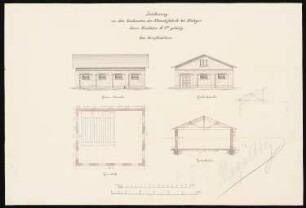 Grube Ilse (Kunheim & Co.), Großräschen/Bückgen Kesselhaus der Kleesalzfabrik: Grundriss, Seitenansicht, Ansicht von der Giebelseite, Querschnitt